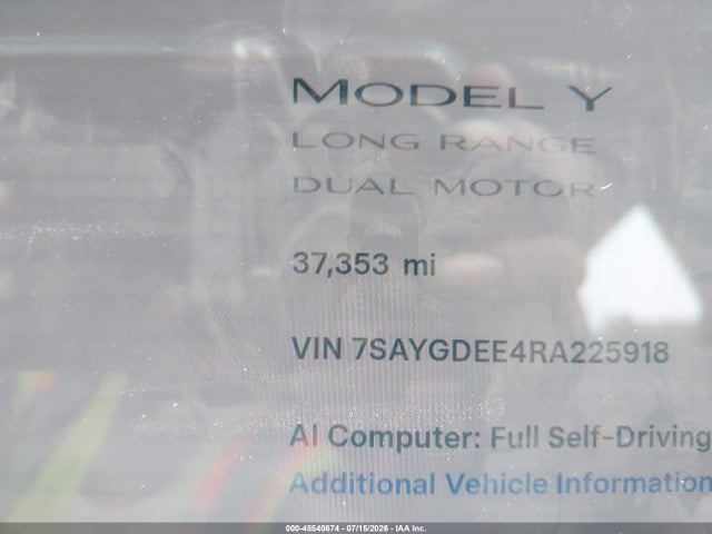 45540674 :رقم المزاد ، 7SAYGDEE4RA225918 vin ، 2024 Tesla Model Y Long Range Dual Motor All-wheel Drive مزاد بيع