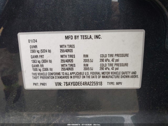 45540674 :رقم المزاد ، 7SAYGDEE4RA225918 vin ، 2024 Tesla Model Y Long Range Dual Motor All-wheel Drive مزاد بيع