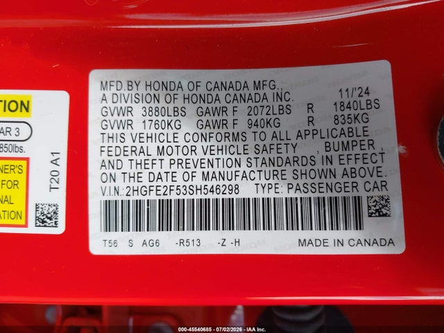 Honda Civic Sport 2025 2HGFE2F53SH546298 Image 9