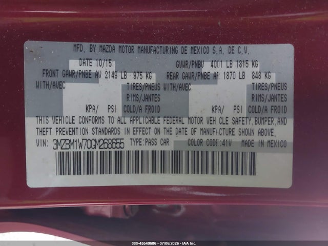 45540686 :رقم المزاد ، 3MZBM1W70GM268655 vin ، 2016 Mazda Mazda3 مزاد بيع