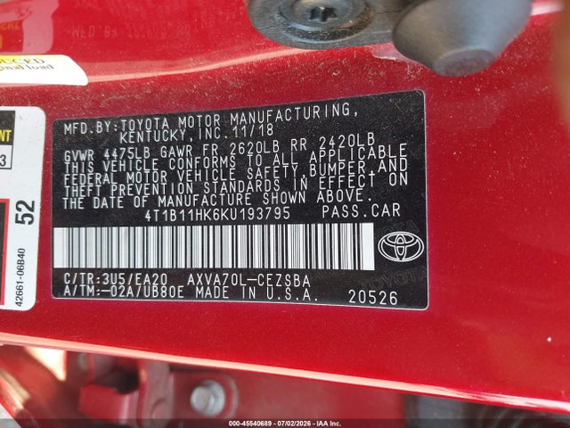 Toyota CAMRY SE 2019 4T1B11HK6KU193795 Image 9