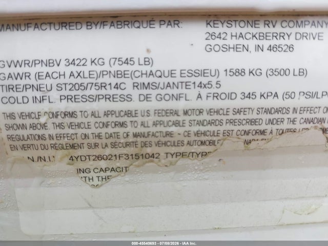 Продаж на аукціоні авто 2015 Keystone R 2600tb, vin: 4YDT26021F3151042, номер лоту: 45540693