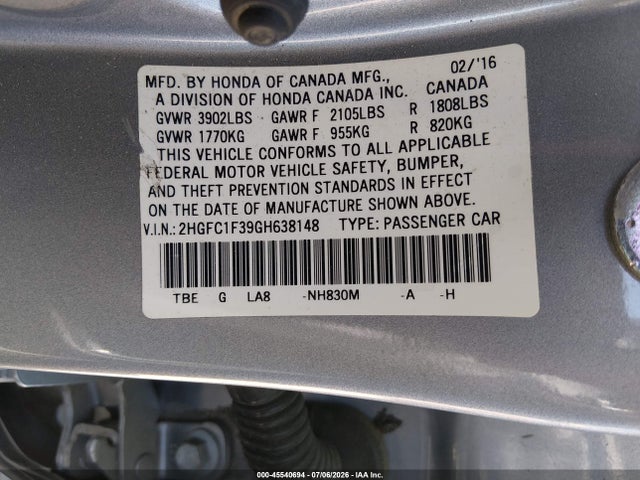 Honda Civic Ex-t 2016 2HGFC1F39GH638148 Image 9