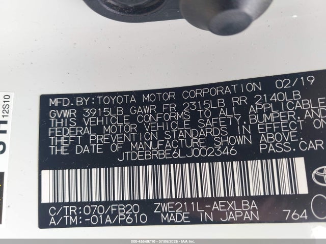 Toyota Corolla Hybrid Le 2020 JTDEBRBE6LJ002346 Image 9