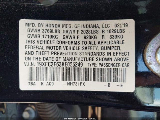Продажа на аукционе авто 2019 Honda Civic Lx, vin: 19XFC2F63KE025249, номер лота: 45540720