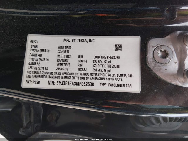 Aukcja sprzedaży 2021 Tesla Model 3 Standard Range Plus Rear-wheel Drive, vin: 5YJ3E1EA3MF052638, numer aukcji: 45540747