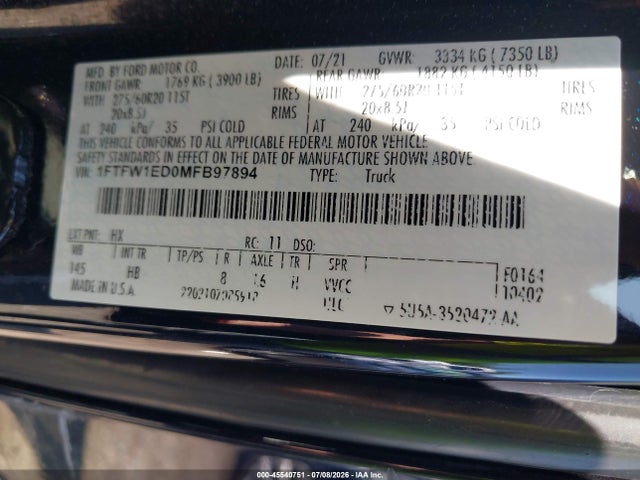 Ford F-150 Lariat 2021 1FTFW1ED0MFB97894 Image 9