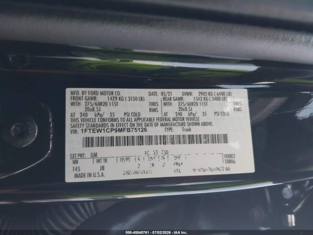Продажа на аукционе авто 2021 Ford F-150 Xl, vin: 1FTEW1CP9MFB75126, номер лота: 45540761