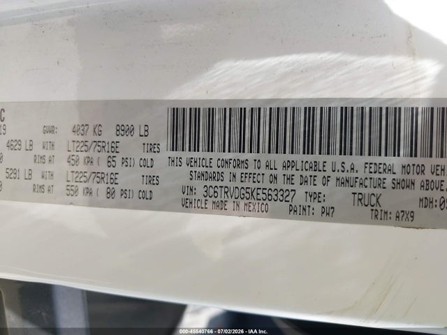 Aukcja sprzedaży 2019 Ram Promaster 2500 High Roof 159 Wb, vin: 3C6TRVDG5KE563327, numer aukcji: 45540766