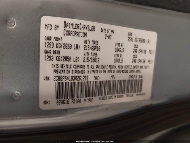 2003 Chrysler Town & Country Lxi მანქანა იყიდება აუქციონზე, vin: 2C8GP54L93R261292, აუქციონის ნომერი: 45540767