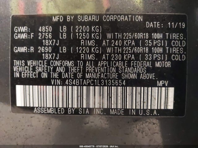 45540779 :رقم المزاد ، 4S4BTAPC1L3135654 vin ، 2020 Subaru Outback Touring مزاد بيع