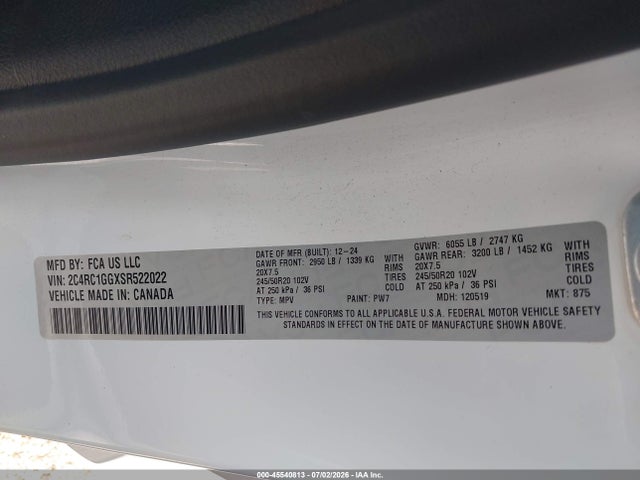 Aukcja sprzedaży 2025 Chrysler Pacifica Limited, vin: 2C4RC1GGXSR522022, numer aukcji: 45540813