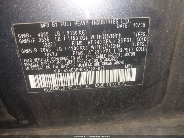 Subaru Outback 2.5i Limited 2016 4S4BSBNCXG3239836 Image 9