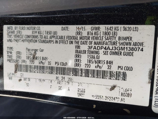 Продажа на аукционе авто 2016 Ford Fiesta S, vin: 3FADP4AJ3GM138074, номер лота: 45540860
