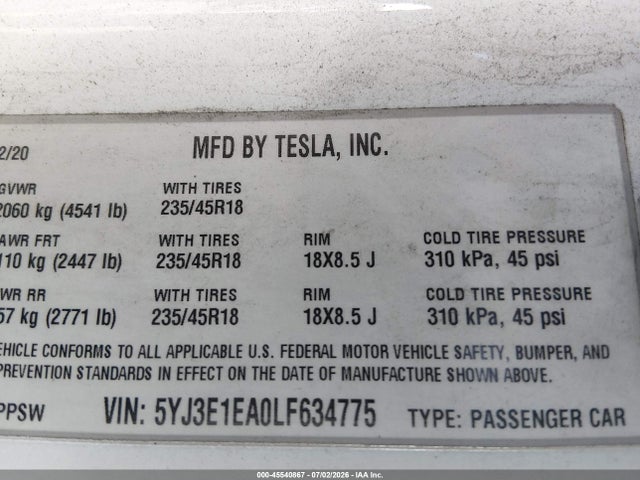 Auction sale of the 2020 Tesla Model 3 Standard Range Plus Rear-wheel Drive/standard Range Rear-wheel Drive, vin: 5YJ3E1EA0LF634775, lot number: 45540867
