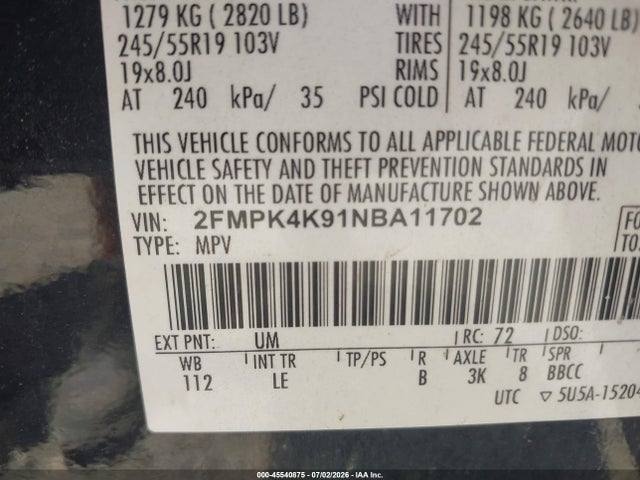 Auction sale of the 2022 Ford Edge Titanium, vin: 2FMPK4K91NBA11702, lot number: 45540875