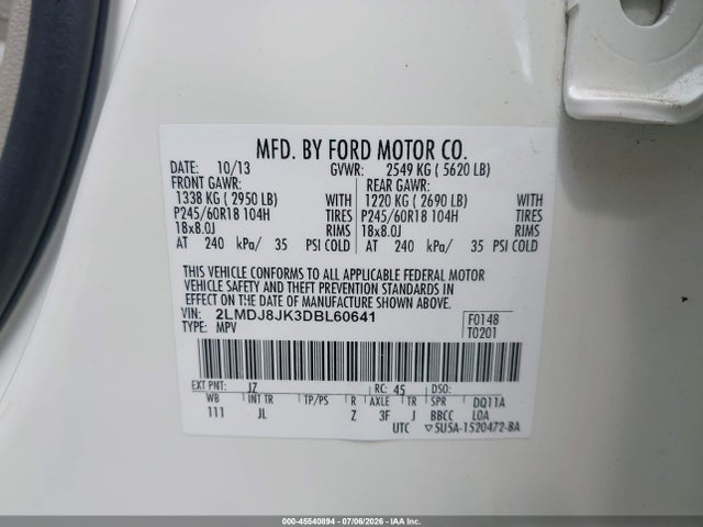 Aukcja sprzedaży 2013 Lincoln Mkx, vin: 2LMDJ8JK3DBL60641, numer aukcji: 45540894