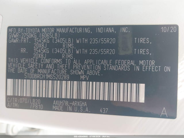 5TDDBRCH1MS520289 Toyota Highlander Hybrid Limited