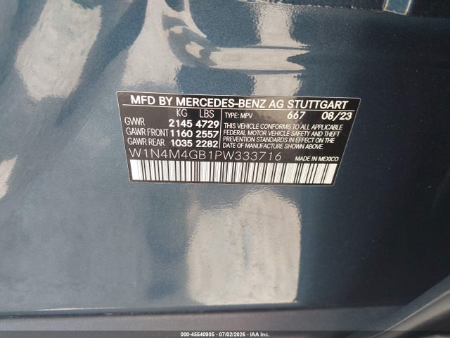 Aukcja sprzedaży 2023 Mercedes-benz Glb 250, vin: W1N4M4GB1PW333716, numer aukcji: 45540905
