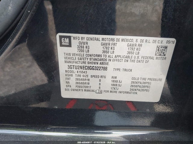 Продажа на аукционе авто 2016 Gmc Sierra 1500 Slt, vin: 3GTU2NEC8GG322788, номер лота: 45540917