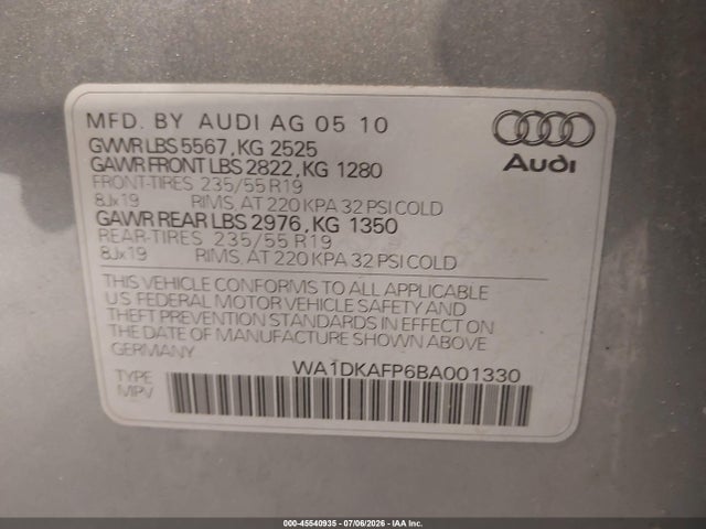 2011 Audi Q5 3.2 Premium Plus მანქანა იყიდება აუქციონზე, vin: WA1DKAFP6BA001330, აუქციონის ნომერი: 45540935