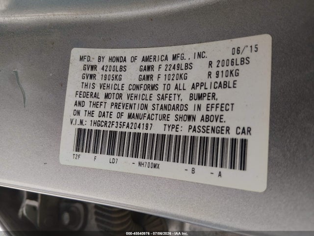 Aukcja sprzedaży 2015 Honda Accord Lx, vin: 1HGCR2F35FA204197, numer aukcji: 45540976
