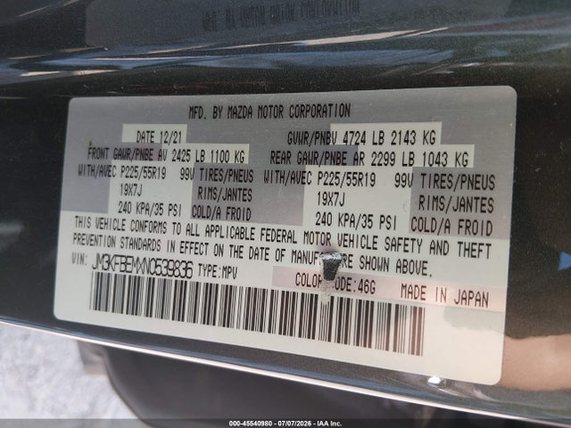 2022 Mazda Cx-5 2.5 S Premium Plus მანქანა იყიდება აუქციონზე, vin: JM3KFBEMXN0539836, აუქციონის ნომერი: 45540980