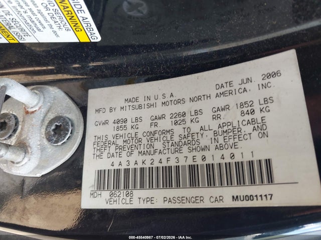 2007 Mitsubishi Eclipse Gs მანქანა იყიდება აუქციონზე, vin: 4A3AK24F37E014011, აუქციონის ნომერი: 45540987