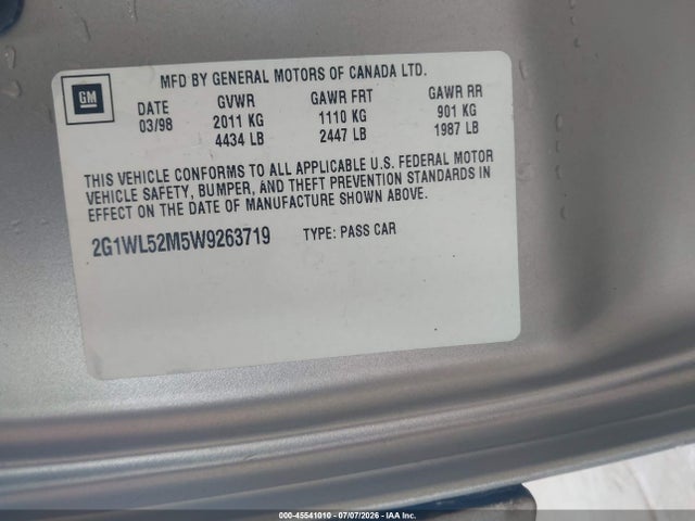 Auction sale of the 1998 Chevrolet Lumina, vin: 2G1WL52M5W9263719, lot number: 45541010