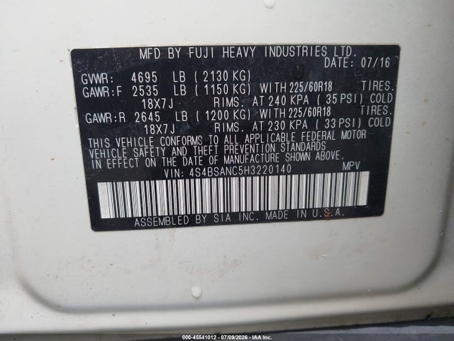 45541012 :رقم المزاد ، 4S4BSANC5H3220140 vin ، 2017 Subaru Outback 2.5i Limited مزاد بيع