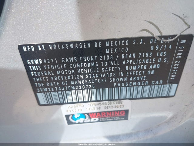 Продаж на аукціоні авто 2015 Volkswagen Jetta 2.0l S, vin: 3VW2K7AJ7FM220726, номер лоту: 45541015