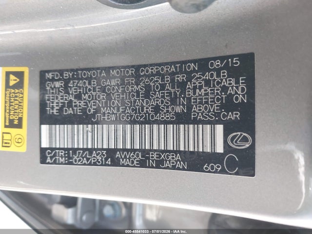 Lexus ES 300H 2016 JTHBW1GG7G2104885 Image 9