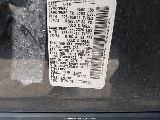 45541067 :رقم المزاد ، JN8AT2MT8LW006114 vin ، 2020 Nissan Rogue Sv Fwd مزاد بيع