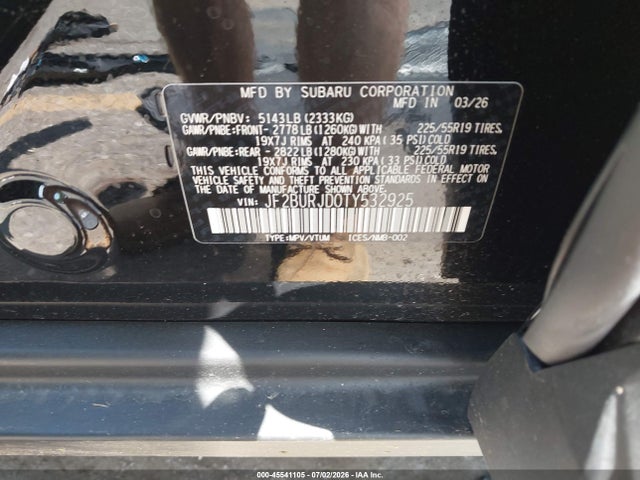 Aukcja sprzedaży 2026 Subaru Outback Touring Xt, vin: JF2BURJD0TY532925, numer aukcji: 45541105