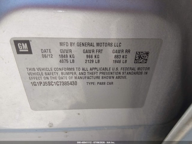 Продаж на аукціоні авто 2012 Chevrolet Cruze Eco, vin: 1G1PJ5SC1C7385430, номер лоту: 45541112