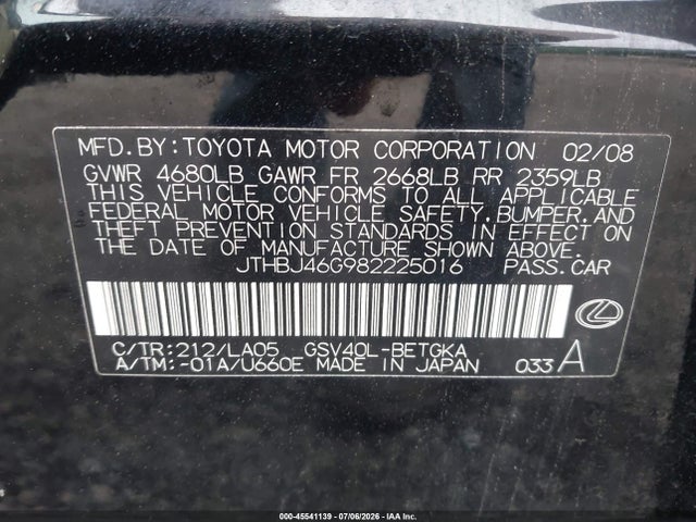 Aukcja sprzedaży 2008 Lexus Es 350, vin: JTHBJ46G982225016, numer aukcji: 45541139