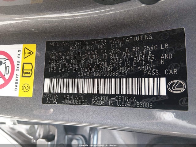 Aukcja sprzedaży 2018 Lexus Es 350, vin: 58ABK1GG1JU088051, numer aukcji: 45541140