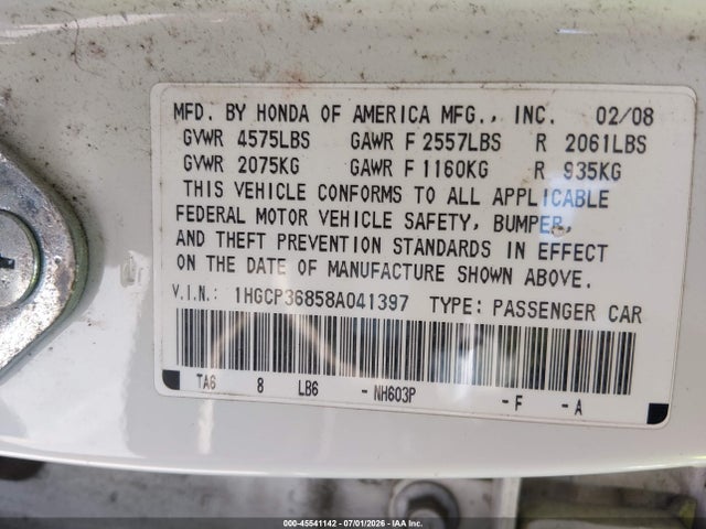 2008 Honda Accord 3.5 Ex-l მანქანა იყიდება აუქციონზე, vin: 1HGCP36858A041397, აუქციონის ნომერი: 45541142