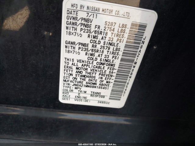 Aukcja sprzedaży 2011 Nissan Murano Sl, vin: JN8AZ1MW8BW185451, numer aukcji: 45541160