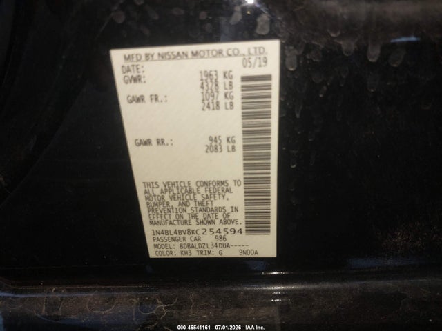 Nissan Altima 2.5 S 2019 1N4BL4BV8KC254594 Image 9