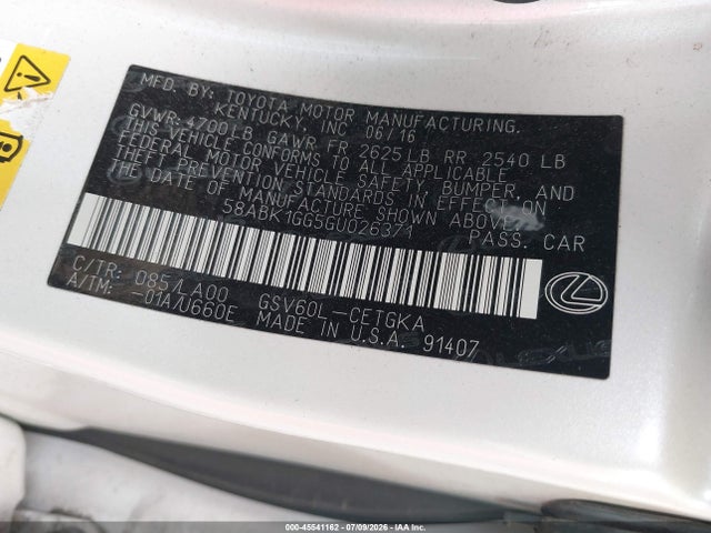 45541162 :رقم المزاد ، 58ABK1GG5GU026371 vin ، 2016 Lexus Es 350 مزاد بيع