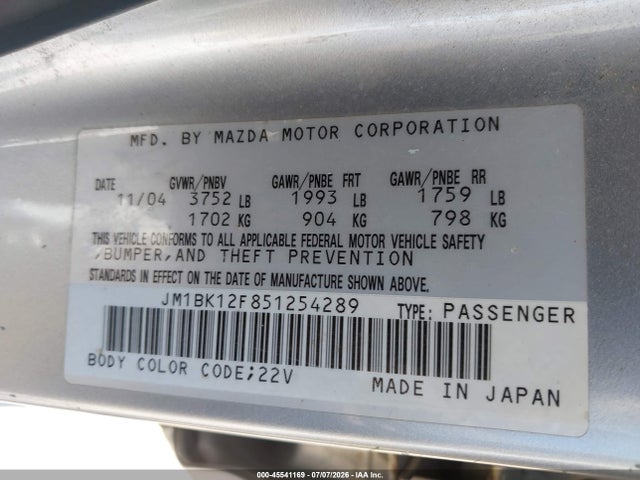 45541169 :رقم المزاد ، JM1BK12F851254289 vin ، 2005 Mazda Mazda3 I مزاد بيع
