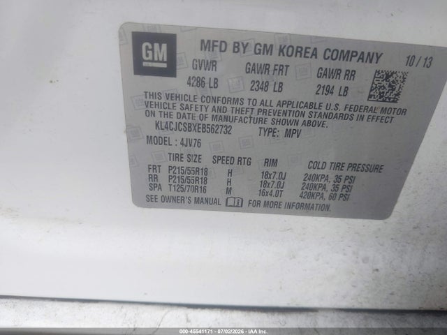 45541171 :رقم المزاد ، KL4CJCSBXEB562732 vin ، 2014 Buick Encore Leather مزاد بيع