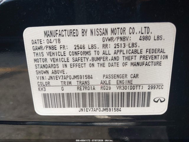 Aukcja sprzedaży 2018 Infiniti Q50 3.0t Luxe, vin: JN1EV7AP0JM591584, numer aukcji: 45541172