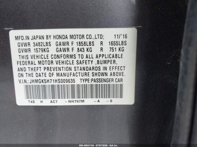 45541184 :رقم المزاد ، JHMGK5H71HS009635 vin ، 2017 Honda Fit Ex مزاد بيع