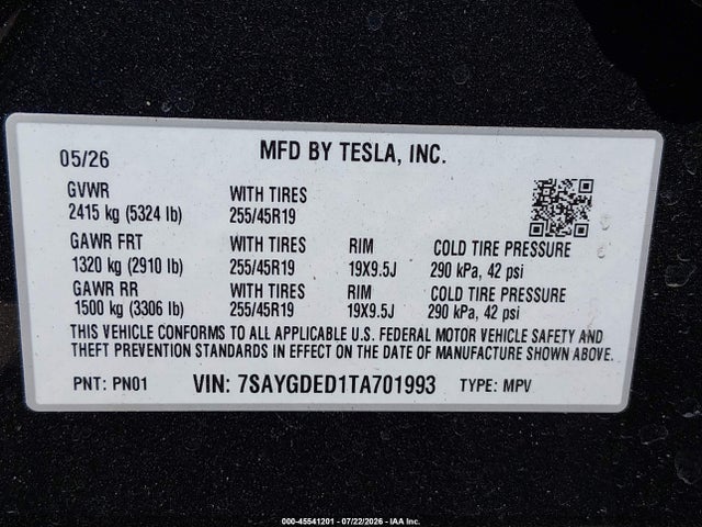Продажа на аукционе авто 2026 Tesla Model Y, vin: 7SAYGDED1TA701993, номер лота: 45541201