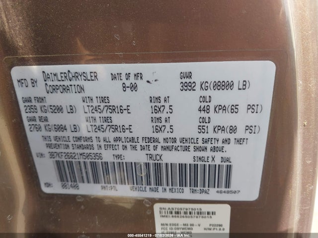 45541219 :رقم المزاد ، 3B7KF26621M505356 vin ، 2001 Dodge Ram 2500 St مزاد بيع