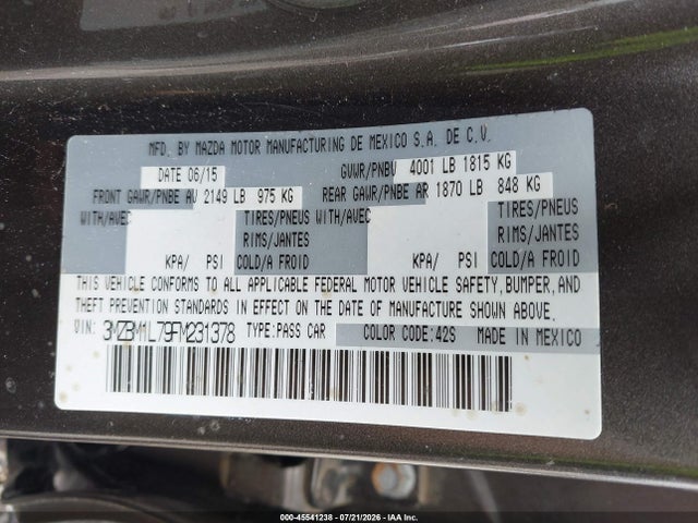 Aukcja sprzedaży 2015 Mazda Mazda3 I Touring, vin: 3MZBM1L79FM231378, numer aukcji: 45541238