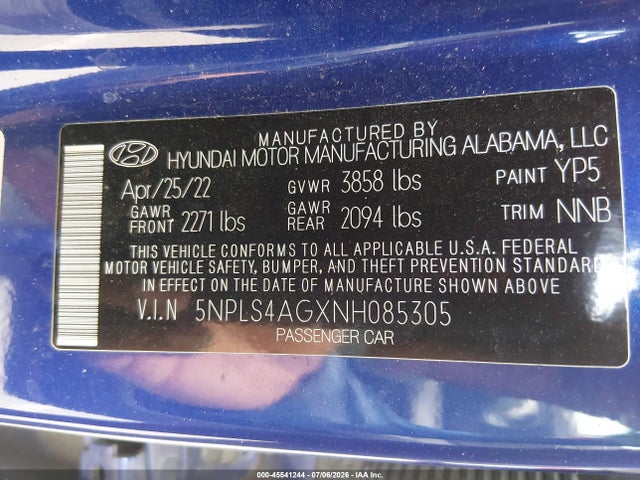 Aukcja sprzedaży 2022 Hyundai Elantra Sel, vin: 5NPLS4AGXNH085305, numer aukcji: 45541244