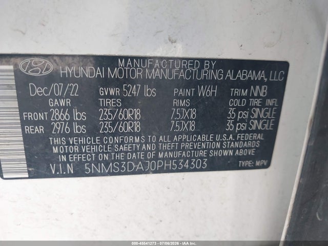 2023 Hyundai Santa Fe Sel მანქანა იყიდება აუქციონზე, vin: 5NMS3DAJ0PH534303, აუქციონის ნომერი: 45541273